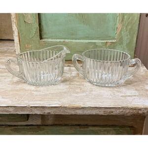 Vintage Anchor Hocking Queen Mary Clear Creamer & Sugar Set Depression Glass 40s